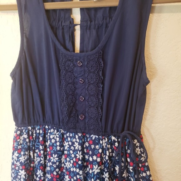 Nicolette Sleeveless Cotton Dress, Size Medium Navy Floral Drawstring Waist - Picture 4 of 10